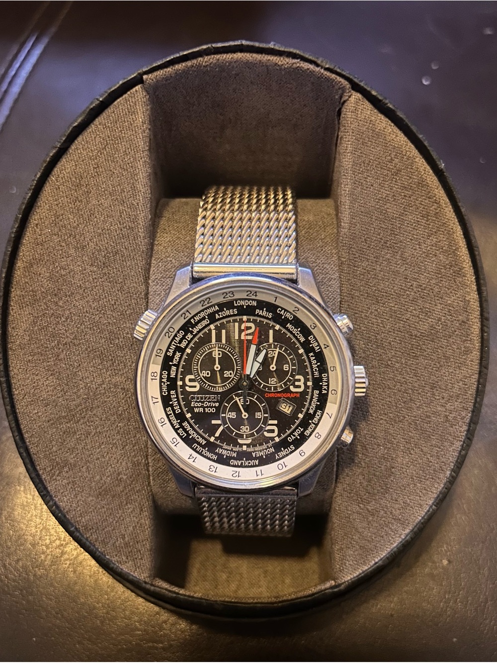 Citizen Men's Black Dial Silver Mesh Chronograph World Time Watch